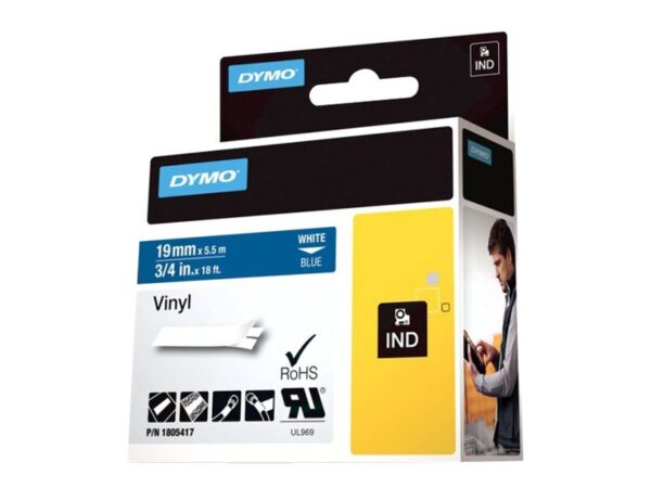 DYMO IND VINYL LABELS WHITE/BLUE 3/4" X 18'