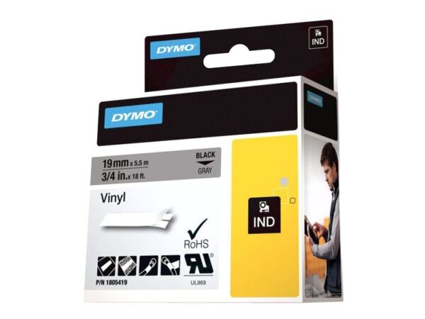 DYMO IND VINYL LABELS BLACK/GRAY 3/4" X 18'