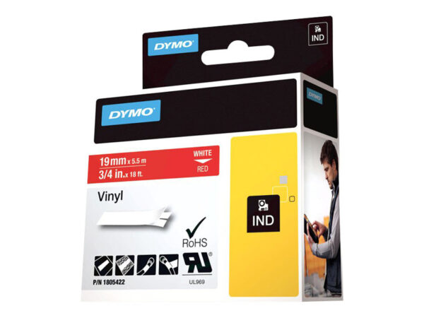 DYMO IND VINYL LABELS WHITE/RED 3/4" X 18'