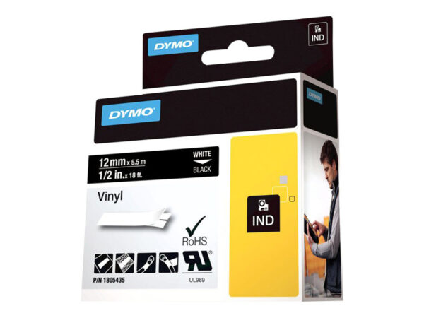 DYMO IND VINYL LABELS WHITE/BLACK 1/2" X 18'