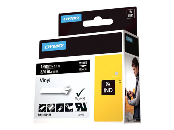 DYMO IND VINYL LABELS WHITE/BLACK 3/4" X 18'