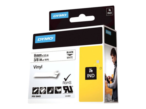 DYMO IND VINYL LABELS BLACK/WHITE 3/8" X 18'