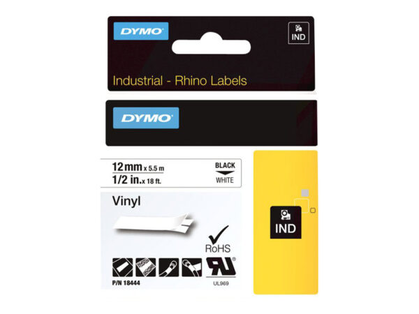 DYMO IND VINYL LABELS BLACK/WHITE 1/2" X 18'