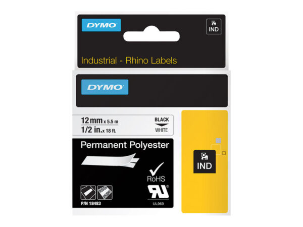 DYMO IND PERMANENT POLY BLACK/WHITE 1/2" X 18'