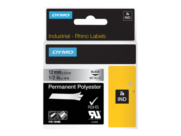 DYMO IND PERMANENT POLY BLACK/METALLIC 1/2"X 18'